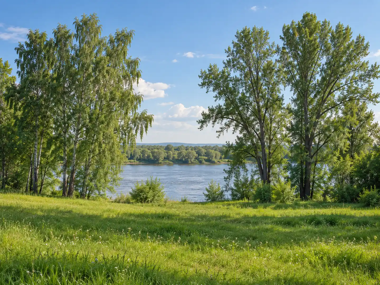 Зелёная поляна, деревья и полоса воды